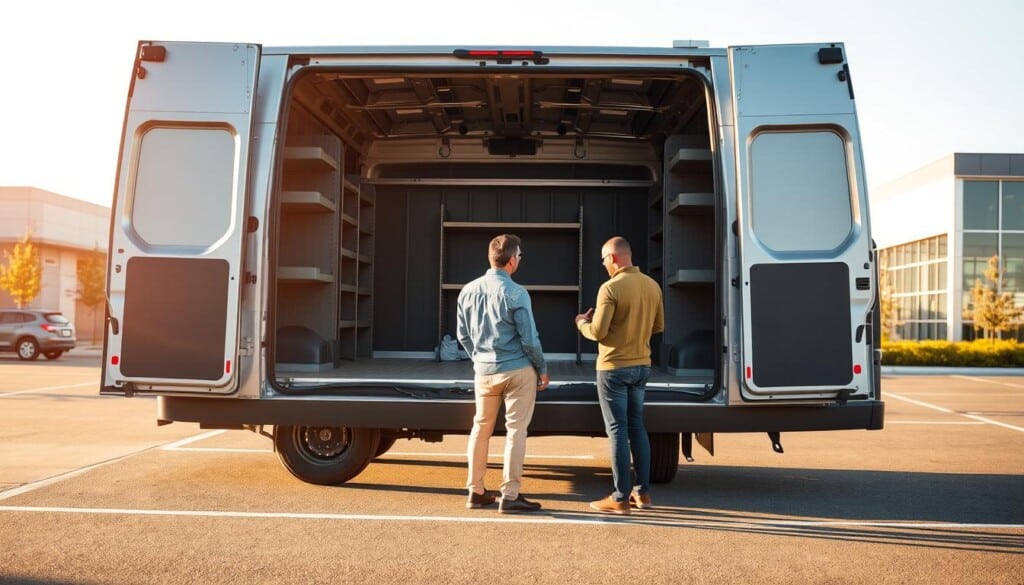A spacious cargo van stands in a well-lit parking lot, its sleek silver exterior gleaming under the warm afternoon sun. The side doors are open, revealing the cavernous interior, meticulously organized with rows of shelves and tie-down hooks, ready to accommodate a variety of cargo. In the foreground, a couple examines the van's features, discussing the rental options and planning their upcoming adventure. The background is softly blurred, with a few other vehicles and a modern office building in the distance, conveying a sense of efficiency and professionalism. The overall scene exudes a mood of practicality, versatility, and the excitement of embarking on a new journey.
