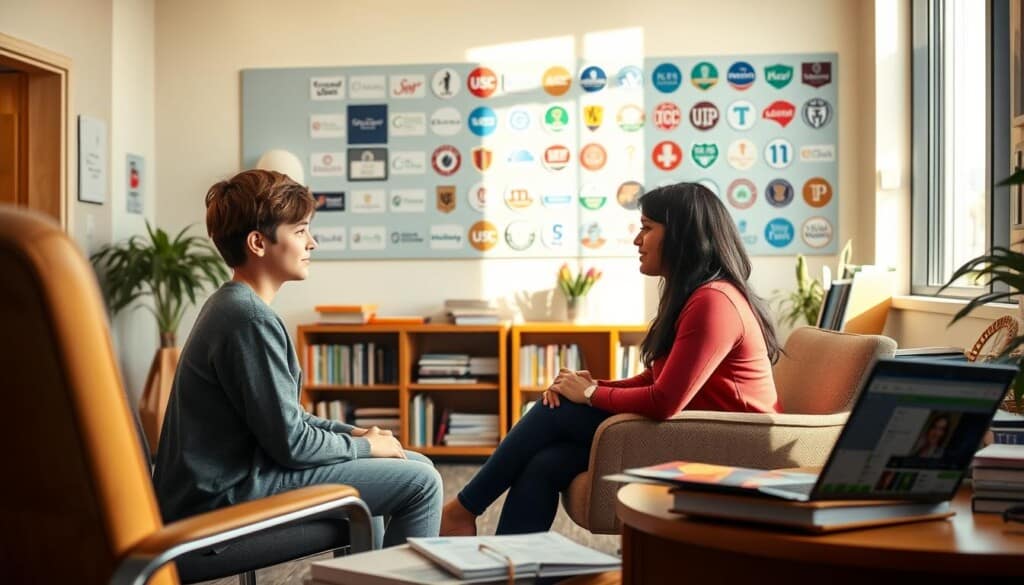 A spacious college counseling office, bathed in warm, natural lighting. In the foreground, a student sits across from a compassionate counselor, engaged in a thoughtful discussion. The middle ground reveals an assortment of helpful resources - brochures, college guides, and a laptop displaying a college search website. In the background, a wall-mounted display showcases a range of university logos, hinting at the breadth of opportunities available. The overall atmosphere conveys a sense of guidance, exploration, and the shared goal of finding the right college fit.