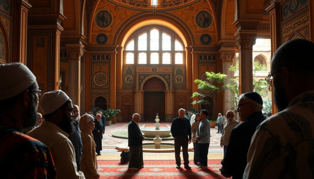 A spacious mosque interior, illuminated by warm, amber-hued lighting. In the foreground, a diverse group of people - Muslims, Christians, and Jews - engaged in meaningful dialogue, their expressions thoughtful and respectful. The middle ground features ornate architectural details, intricate patterns adorning the walls, and a central mihrab. In the background, glimpses of an open courtyard, with lush greenery and a tranquil water feature, creating a serene, contemplative atmosphere. The scene conveys a sense of harmony, understanding, and the shared spirit of spiritual exploration within the walls of this historic place of worship.