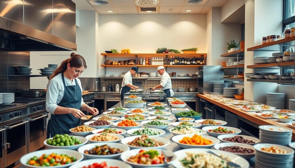 A spacious, well-lit catering kitchen with stainless steel appliances and wooden countertops. In the foreground, a menu planner meticulously arranges an array of colorful dishes on a large table, considering flavor combinations and presentation. In the middle ground, chefs expertly prepare various courses, their movements choreographed like a dance. The background features shelves brimming with fresh ingredients and neatly organized spices, conveying a sense of culinary expertise and precision. Warm, diffused lighting casts a welcoming glow, setting the stage for the planning of an exceptional catering experience.