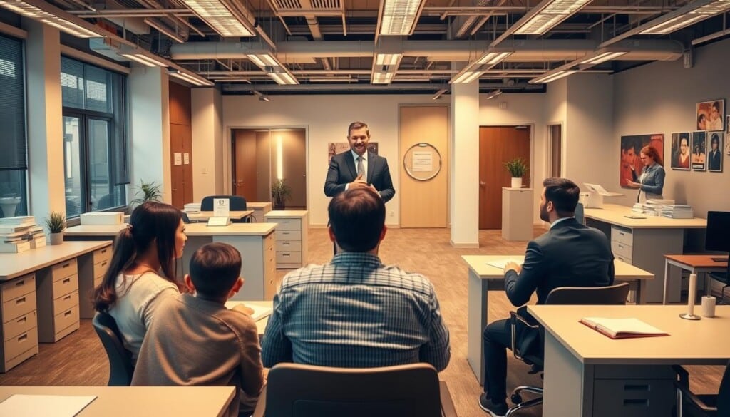 A spacious, well-lit office interior, furnished with modern desks, chairs, and filing cabinets. In the foreground, a family sits across from an immigration attorney, discussing their case. In the middle ground, a man in a suit shakes hands with another individual, representing an employment-based immigration process. In the background, a person seeks guidance from a receptionist, symbolizing asylum services. Warm lighting casts a professional and inviting atmosphere, creating a sense of trust and expertise.