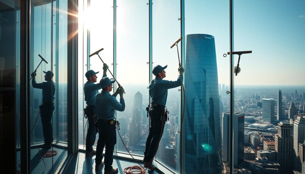 A spacious window-washing crew hard at work, cleaning the exterior of a high-rise office building with a breathtaking cityscape backdrop. The workers, dressed in uniform, methodically squeegee the glass panels, leaving a sparkling, reflective surface. Sunlight streams through the clean windows, casting dramatic shadows and highlights. The scene conveys the professional expertise and attention to detail required to deliver top-quality window washing services. The overall atmosphere is one of efficiency, precision, and pride in a job well done.