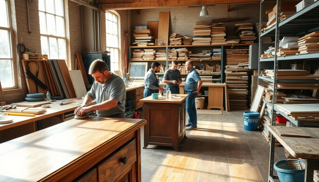 A spacious workshop filled with tools and equipment, natural light streaming in through large windows, creating a warm and welcoming atmosphere. In the foreground, a skilled technician carefully restores an antique wooden cabinet, meticulously sanding and refinishing the surface. In the middle ground, a team of specialists examines damaged flooring, discussing the best approach to repair and revitalize the flooring. In the background, shelves brimming with expertly organized materials and supplies, ready to be utilized in the restoration process. The scene conveys a sense of professionalism, attention to detail, and a commitment to preserving the integrity of the damaged structures.