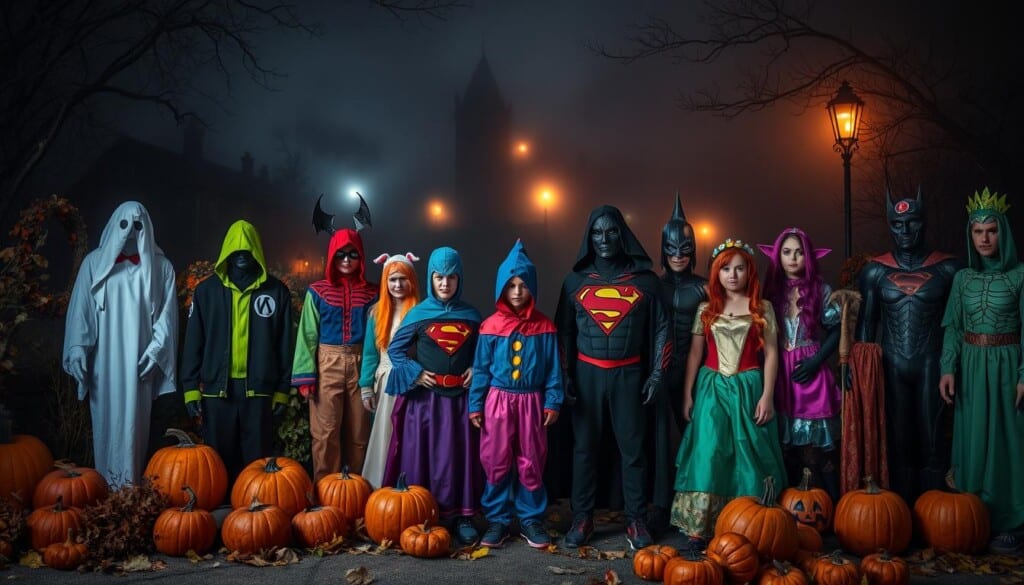 A spooky and enchanting scene of the latest Halloween costume trends. In the foreground, an array of vibrant and whimsical costumes - from ghosts and goblins to superheroes and princesses, all displayed against a moody, dimly lit backdrop. In the middle ground, pumpkins and autumn foliage lend a cozy, seasonal atmosphere, while the background features a mysterious, fog-shrouded town, its silhouetted buildings and streetlamps casting an eerie glow. The lighting is dramatic, with shadows and highlights accentuating the textures and details of the costumes. The overall composition conveys a sense of excitement and anticipation for the upcoming Halloween festivities.