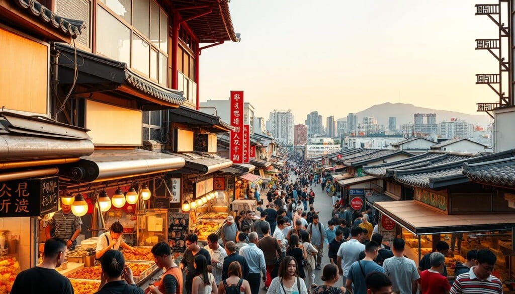 A sprawling Korean street market, bustling with activity. In the foreground, an array of vibrant, steaming street food stalls, offering tantalizing dishes like bulgogi, kimchi pancakes, and tteokbokki. The middle ground reveals a diverse crowd of locals and tourists, sampling the flavors and immersing themselves in the lively atmosphere. In the background, a blend of traditional and modern architecture creates a captivating cityscape, with neon signs and the occasional glimpse of a mountain silhouette. The scene is bathed in a warm, golden light, evoking a sense of culinary adventure and cultural exploration.