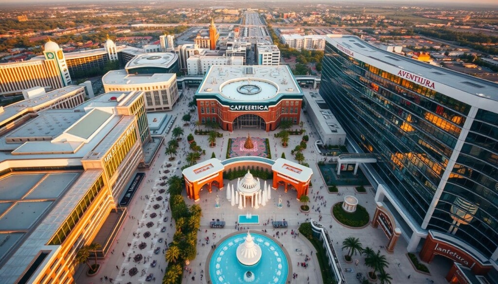 A sprawling aerial view of three iconic American shopping malls: the grand, expansive Mall of America with its distinct architectural design, the luxurious South Coast Plaza with its elegant fountains and landscaping, and the sleek, modern Aventura Mall with its striking glass facades. The scene is bathed in warm, golden-hour lighting, casting a inviting glow across the sweeping structures and bustling outdoor plazas. Shoppers can be seen strolling through the bustling walkways, surrounded by a diverse array of high-end stores, restaurants, and entertainment venues. The image evokes a sense of excitement, prosperity, and the quintessential American shopping experience.