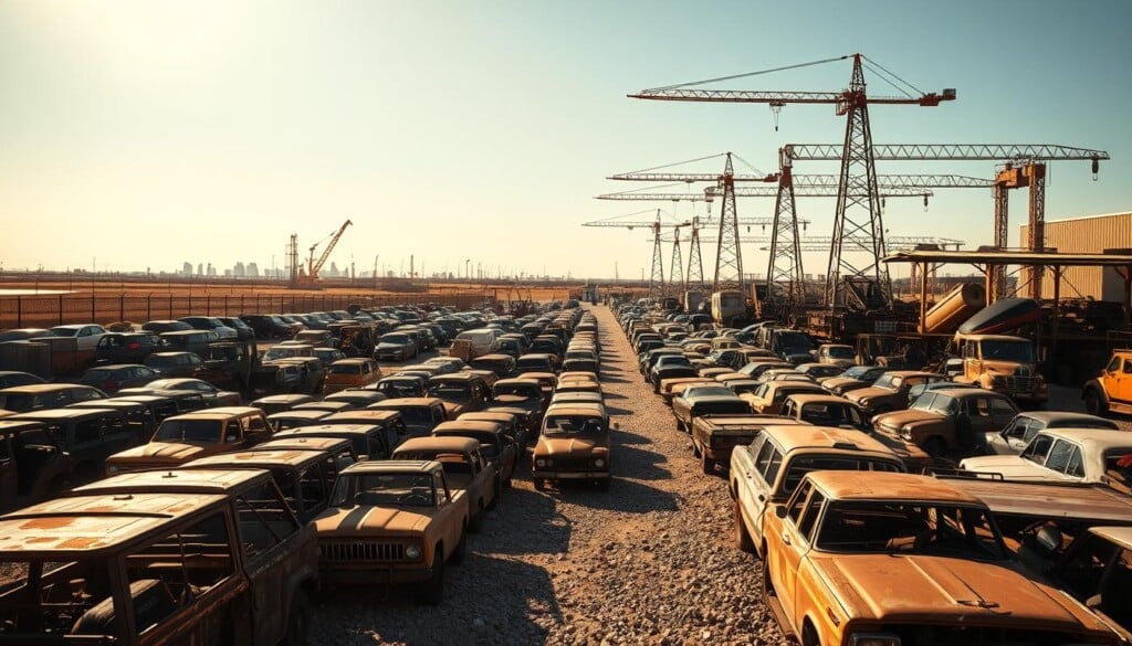 A sprawling auto salvage yard nestled in a sunlit industrial landscape. In the foreground, rows of rusted, weathered vehicles await their fate, their hulking frames casting shadows across the gravel-strewn ground. In the middle distance, forklifts and cranes bustle, retrieving and sorting parts, while the background is dominated by towering metal fences and the distant haze of a city skyline. The scene is bathed in a warm, golden light, creating a sense of industrial melancholy and the promise of finding hidden treasures amidst the chaos. A wide-angle lens captures the vastness of the yard, inviting the viewer to explore the maze of automotive history.