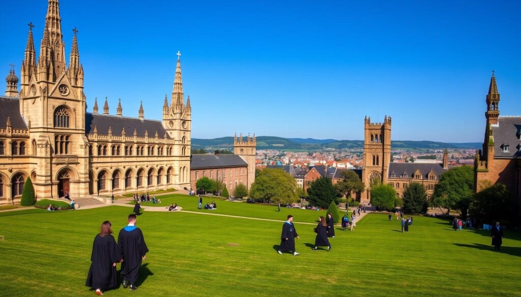 A sprawling campus of stately, neo-Gothic theological seminaries, their spires and towers rising majestically against a clear blue sky. In the foreground, students in academic robes traverse lush, manicured lawns, deep in contemplation. The middle ground features ornate stone buildings with grand archways and intricate facade carvings, exuding an air of reverence and intellectual rigor. In the background, a vibrant cityscape nestled among rolling hills, hinting at the seminaries' connection to the wider community. Soft, diffused lighting imbues the scene with a sense of timelessness and spiritual enlightenment.