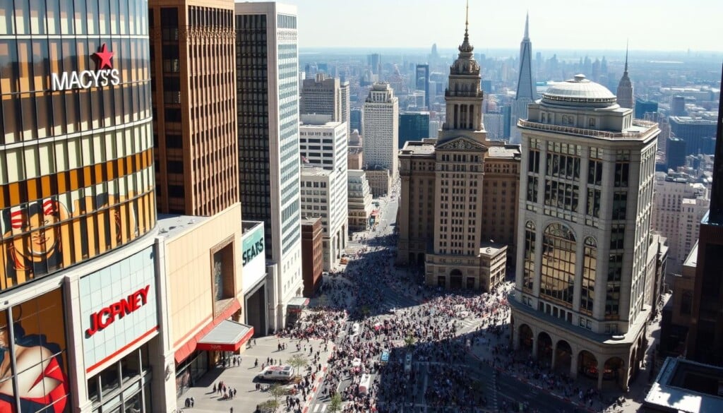 A sprawling metropolis of towering department store buildings, each a gleaming monument to consumerism. The foreground showcases the iconic façades of leading US chains - Macy's, Nordstrom, Sears, and JCPenney, their bold logos and architectural details capturing the essence of American retail. In the middle ground, bustling crowds of shoppers navigating through grand entrances and window displays, immersed in the vibrant energy of these commercial hubs. The background reveals a panoramic cityscape, skyscrapers and streets receding into the distance, setting the stage for this retail empire. Crisp sunlight bathes the scene, lending a sense of optimism and prosperity to the leading department store chains of the United States.