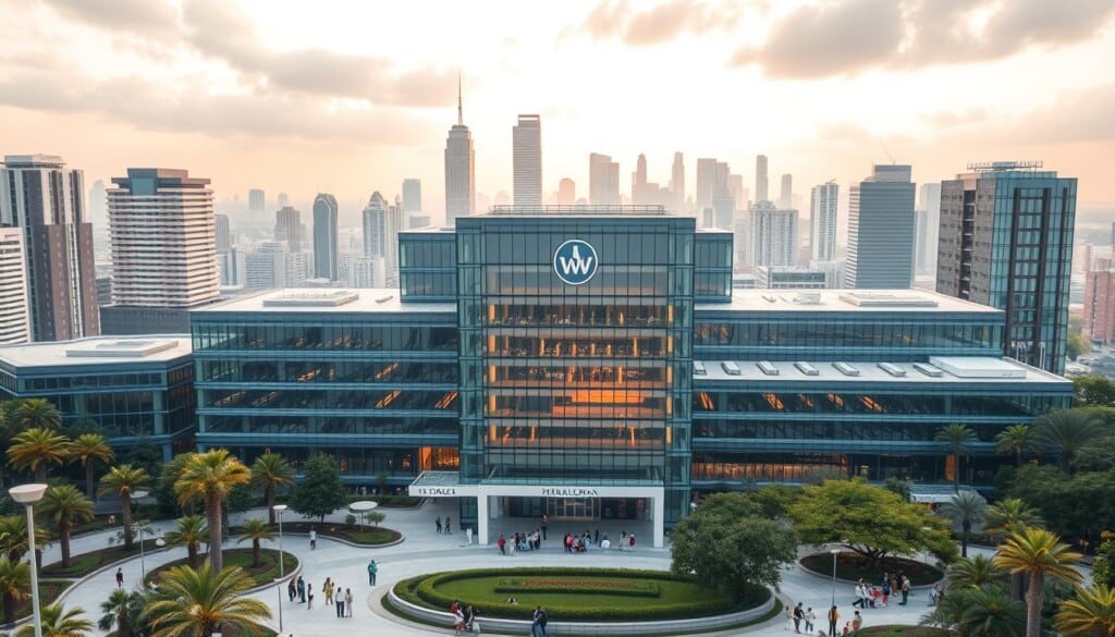 A sprawling, modern medical campus set against a backdrop of towering skyscrapers and a vibrant city skyline. In the foreground, a grand, glass-fronted building with a prominent logo and signage, surrounded by lush landscaping and a tranquil plaza. Patients, visitors, and medical staff move purposefully through the scene, an atmosphere of cutting-edge technology, expertise, and compassionate care. Warm, natural lighting filters through the glass facades, creating a welcoming and reassuring ambiance. The entire composition conveys a sense of excellence, innovation, and the highest standard of healthcare within a dynamic, urban environment.