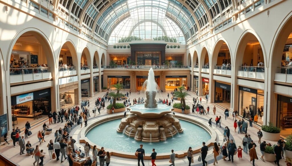 A sprawling modern shopping mall, bathed in warm natural light streaming through towering glass atrium. Bustling crowds of shoppers wander past high-end boutiques, chic cafes, and sleek digital displays. At the center, a grand fountain cascades over carved stone, its soothing sounds mingling with the lively hum of conversation. Elegant archways and vaulted ceilings evoke a sense of grandeur, while plush seating areas and lush greenery create an inviting, luxurious ambiance. The perfect balance of form and function, catering to the discerning tastes of the sophisticated urban shopper.