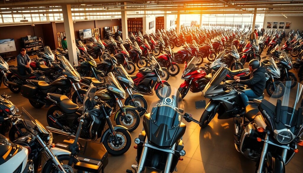 A sprawling motorcycle showroom, meticulously curated and bathed in warm, golden light. In the foreground, a diverse lineup of gleaming machines - cruisers, sport bikes, and adventure tourers, each with its own distinctive character. The middle ground reveals technicians diligently inspecting and servicing the inventory, their skilled hands and focused expressions capturing the essence of the search process. The background showcases a panoramic view of the dealership, with rows of motorcycles neatly arranged, inviting the prospective buyer to imagine themselves traversing the open road on their perfect ride.