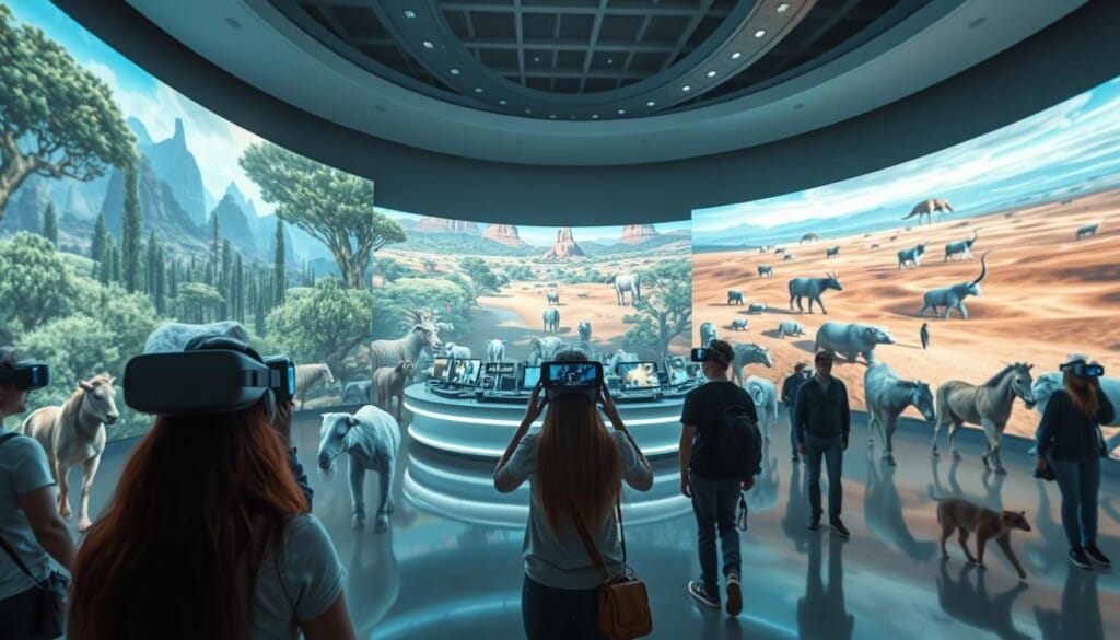 A sprawling virtual reality zoo, with holographic animals roaming through immersive, digitally-rendered landscapes. In the foreground, visitors don VR headsets, their movements mirrored by augmented zoo inhabitants. The middle ground features a sleek, gleaming control center, where technicians monitor the simulated environment. The background showcases towering, panoramic screens displaying vivid, 3D vistas of lush forests, arid deserts, and sprawling savannas. Soft, diffused lighting bathes the scene, creating a sense of wonder and technological marvel. The overall atmosphere evokes a harmonious blend of natural wonder and cutting-edge innovation, showcasing the future of zoo management and guest experience.