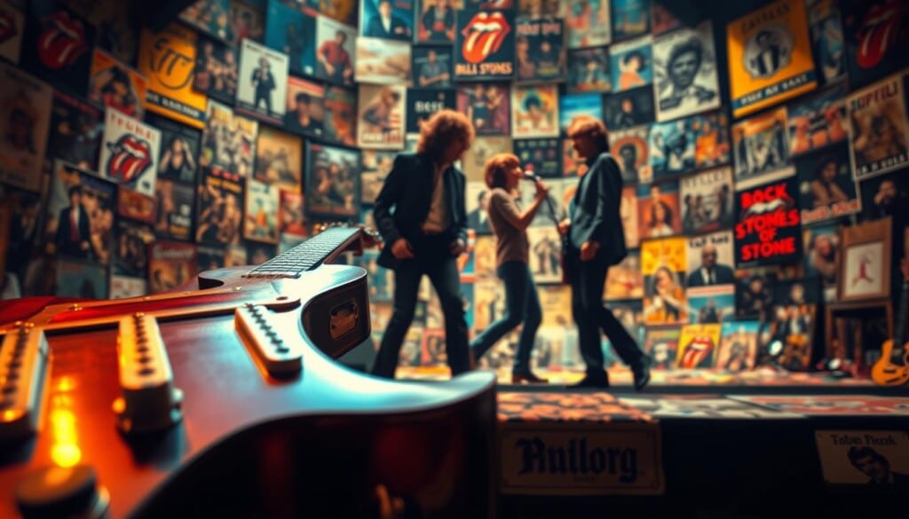 A sprawling visual tapestry capturing the timeless legacy of The Rolling Stones. In the foreground, an iconic guitar riff bursts forth, its metallic finish gleaming under warm, moody lighting. Swirling in the middle ground, the silhouettes of the legendary band members command the stage, their energy and dynamism palpable. In the background, a kaleidoscopic landscape of vintage concert posters, album covers, and memorabilia evokes the band's enduring influence on the rock music landscape. Cinematic angles and a rich, cinematic color palette convey the grandeur and timeless allure of this iconic rock group.