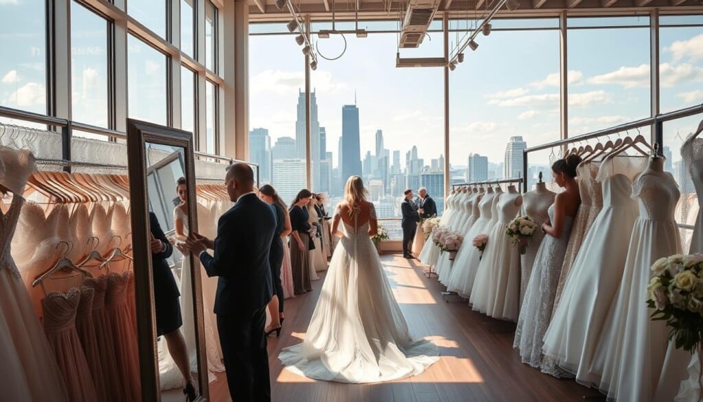 A sprawling wedding superstore in a bustling American city, sunlight streaming through large windows illuminating rows of elegant gowns, shimmering veils, and chic bridesmaids' dresses. In the foreground, a prospective bride stands before a full-length mirror, admiring a delicate lace-trimmed dress, while attentive sales associates offer suggestions. The middle ground features a diverse array of wedding accessories, from bejeweled shoes to intricate floral arrangements. In the background, a panoramic cityscape of skyscrapers and bustling streets sets the scene, conveying the excitement and energy of a major metropolitan area. The atmosphere is one of anticipation and celebration, as the bride-to-be envisions her perfect wedding day.