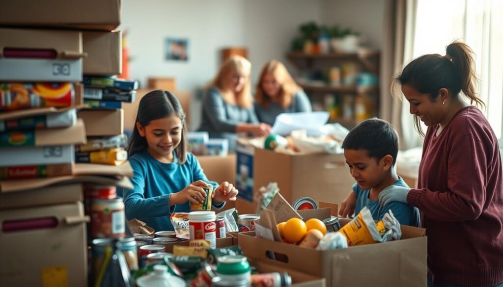 A stack of cardboard boxes overflowing with canned goods, fresh produce, and packaged non-perishable items, forming a vibrant display of generosity. In the foreground, a family carefully sorting through the donations, their faces lit by the warm glow of a soft, natural light filtering through a window. In the middle ground, volunteers from the local food bank assisting in the organization and distribution of the donations, their expressions reflecting the joy of serving their community. The background blurs into a cozy, welcoming space, hinting at the larger impact these donations will have on those in need.