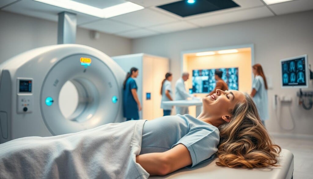 A state-of-the-art medical imaging suite, bathed in a warm, soothing light. In the foreground, a patient rests on an examination table, their face conveying a sense of trust and relief. Surrounding them, diagnostic equipment such as an MRI scanner and a CT scanner, their sleek designs and precise controls hinting at the advanced capabilities within. In the background, a team of healthcare professionals huddles around a display, analyzing the scans and collaborating to provide the best possible care. The scene emanates a reassuring atmosphere, where cutting-edge technology and compassionate care come together to empower patients on their journey to better health.