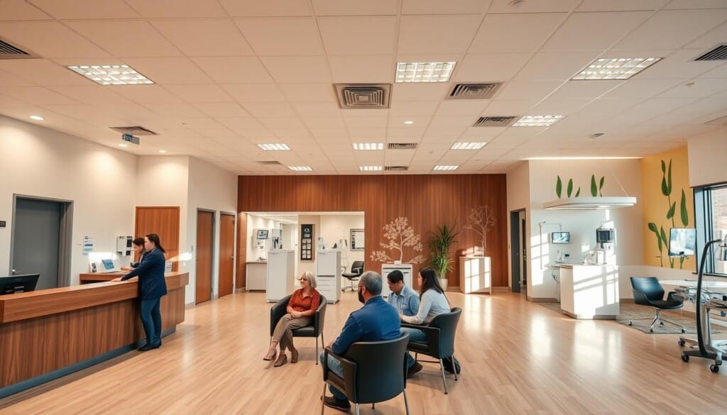 A state-of-the-art urgent care facility, bathed in warm lighting and crisp, modern aesthetics. In the foreground, a reception desk manned by attentive staff, with patients seated comfortably in the waiting area. The middle ground showcases exam rooms equipped with the latest medical technology, while the background reveals an open, airy layout adorned with soothing nature-inspired decor, conveying a sense of calm and professionalism. The overall atmosphere exudes efficiency, empathy, and a commitment to providing exceptional healthcare services. Captured through a wide-angle lens, the image reflects the LocalZ Advantage for urgent care - a seamless blend of high-quality medical care and an inviting, patient-centric environment.