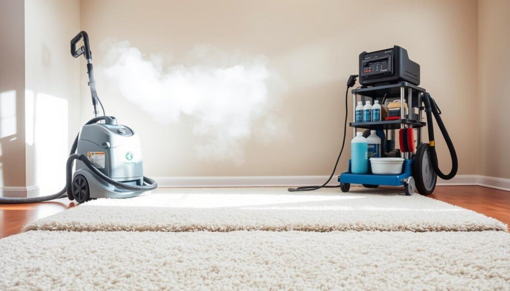 A steam cleaning machine and a dry cleaning setup, side by side, in a bright, well-lit room. The steam cleaner is releasing a plume of steam, while the dry cleaning equipment displays an array of solvents and brushes. In the foreground, a freshly cleaned, plush, high-quality carpet takes center stage, illuminated by soft, directional lighting. The background features neutral-toned walls and hardwood floors, creating a clean, professional atmosphere. The overall scene conveys the contrasting methods and their results, guiding the viewer to appreciate the differences between steam cleaning and dry cleaning for premium carpet care.