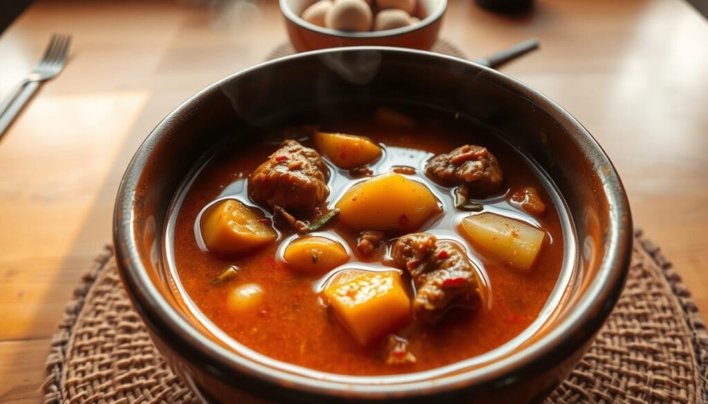 A steaming bowl of authentic Burmese curry, its rich, aromatic broth filled with tender chunks of chicken or beef, potatoes, and aromatic spices. The curry glistens under warm, natural lighting, casting a golden glow on the ceramic bowl and its contents. In the background, a simple wooden table with a woven placemat sets the stage, evoking the rustic charm of a traditional Burmese home. The scene is captured with a wide-angle lens, allowing the viewer to fully immerse themselves in the tantalizing aroma and comforting atmosphere of this beloved Burmese dish.