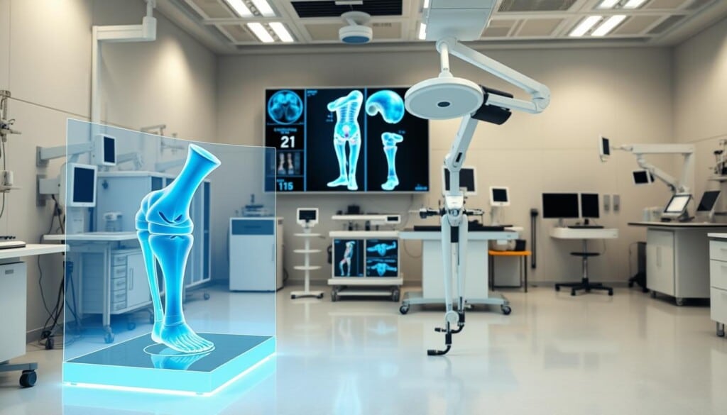 A sterile, well-lit medical laboratory filled with an array of orthopedic devices and technology. In the foreground, a high-resolution 3D model of a human knee joint is displayed on a sleek, holographic interface. Nearby, a robotic limb prosthesis with advanced sensors and actuators stands ready for testing. In the middle ground, medical imaging scans and digital simulations of bone and joint structures are projected onto large, interactive screens. The background features modern equipment like arthroscopic cameras, motion capture systems, and precision surgical tools, all arranged in a clean, organized manner that conveys the state-of-the-art capabilities of modern orthopedic care.