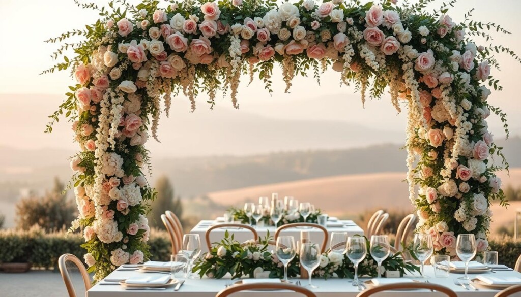 A stunning array of wedding themes for 2023, captured in a cohesive and visually stunning image. In the foreground, a lush, botanical arch adorned with cascading florals in soft, romantic hues. In the middle ground, a tablescape featuring minimalist place settings, delicate glassware, and fresh greenery accents. In the background, a dreamy landscape with a soft, diffused lighting that creates a serene, enchanting atmosphere. The overall mood is one of timeless elegance, with a touch of modern, refined sophistication. Shot with a wide-angle lens to capture the full scope of the scene, this image perfectly encapsulates the essence of "Designing Your Wedding Theme" for the ultimate stress-free wedding planning experience.