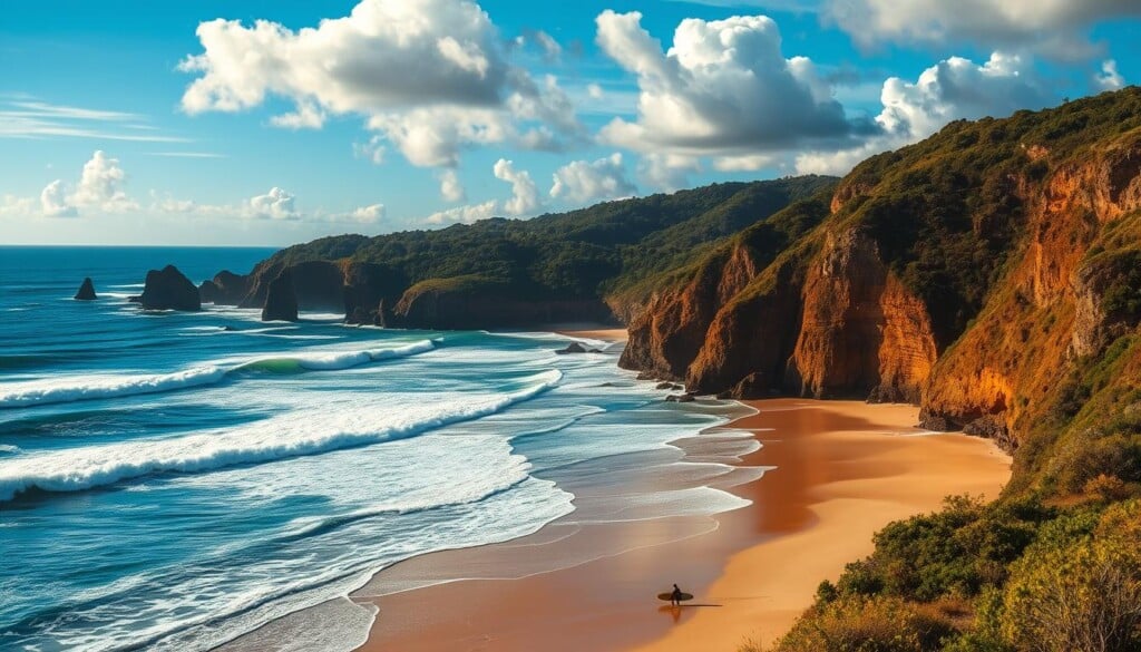 A stunning coastal landscape with epic waves crashing against rocky cliffs. In the foreground, a picturesque sandy beach with surfers carving graceful turns on the glassy waves. The middle ground features a lush, verdant forest backdrop, creating a serene, natural setting. Warm, golden sunlight filters through the scene, bathing everything in a soft, inviting glow. The sky is a brilliant azure blue, punctuated by fluffy, wispy clouds. The camera angle is slightly elevated, offering a panoramic view that captures the scale and beauty of this remarkable surfing destination. The overall scene conveys a sense of adventure, tranquility, and the thrill of riding the perfect wave.
