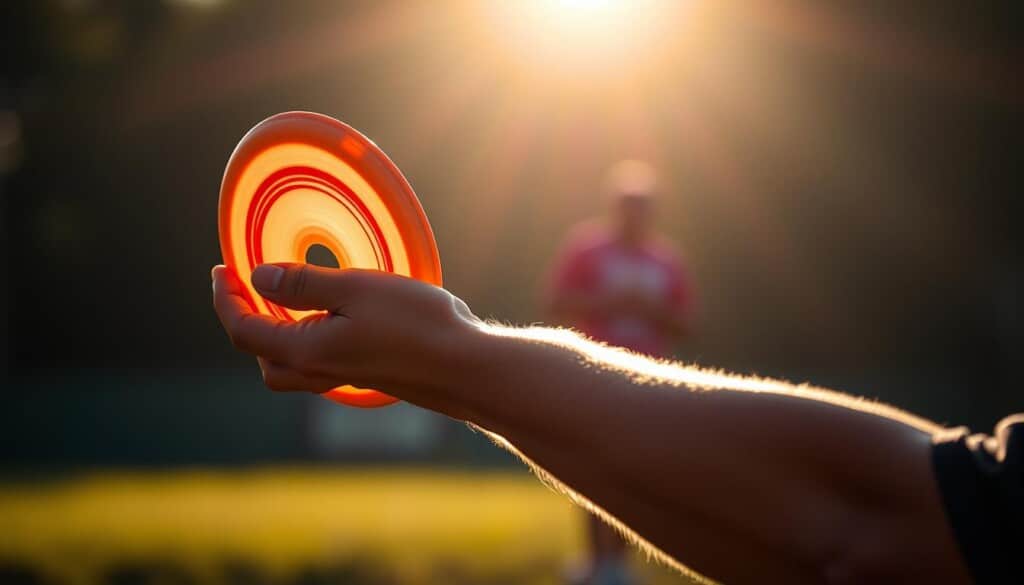 A stunning, high-resolution close-up shot of a professional disc golfer's hand and forearm elegantly releasing a disc in perfect form. Dramatic backlighting illuminates the fluid motion, casting dramatic shadows and highlighting the disc's aerodynamic shape as it takes flight. The background is blurred to draw focus to the technical details of the throw - the grip, wrist position, and release angle. The overall atmosphere is one of dynamic action and the mastery of this specialized skill.