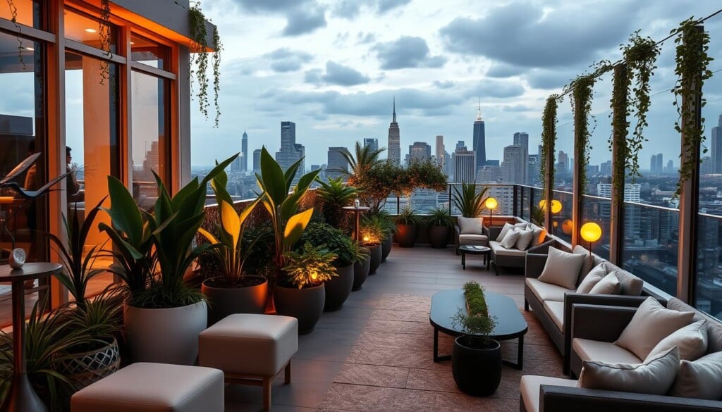 A stunning rooftop oasis, with lush greenery and contemporary seating arrangements nestled amidst a cityscape. Warm, soft lighting casts a cozy glow, inviting visitors to relax and unwind. Sleek, minimalist furniture in neutral tones creates a sophisticated ambiance, while potted plants and hanging vines add a touch of nature. The scene is framed by a panoramic view of the city skyline, visible through large glass walls or an open-air terrace. A serene, elevated retreat, perfect for upscale socializing or private contemplation, showcasing the unique themes of modern urban lounges.