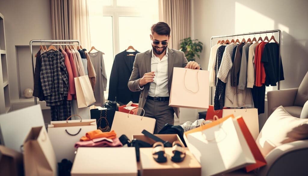 A stylish individual surrounded by an array of shopping bags, clothes, and accessories, basking in natural lighting from a large window. The foreground features a well-dressed person enthusiastically examining a new outfit, while the middle ground showcases neatly arranged designer items. The background depicts a modern, minimalist home interior with sleek furniture and neutral tones, emphasizing the person's focus on maximizing their personal shopping experience. The mood is one of satisfaction, excitement, and a sense of personal style curation.