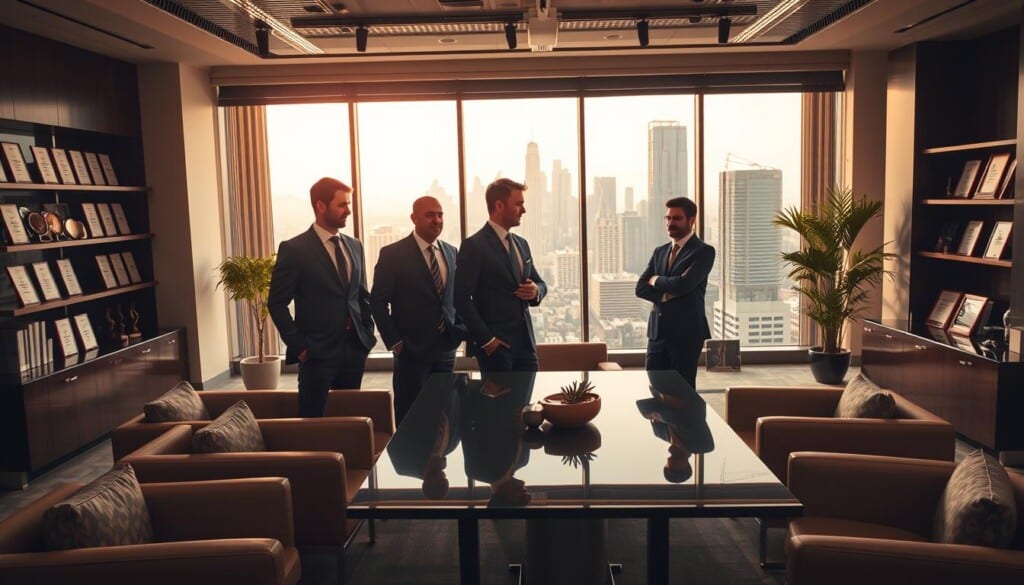 A stylish office interior filled with sleek furniture and modern decor. In the foreground, a group of well-dressed, confident mortgage brokers stand around a polished conference table, engaged in a discussion. Mid-ground features a large window overlooking a bustling city skyline, bathed in warm, natural lighting. In the background, shelves lined with financial documents and awards create an atmosphere of professionalism and expertise. The overall scene conveys a sense of authority, success, and the pinnacle of the mortgage brokerage industry.
