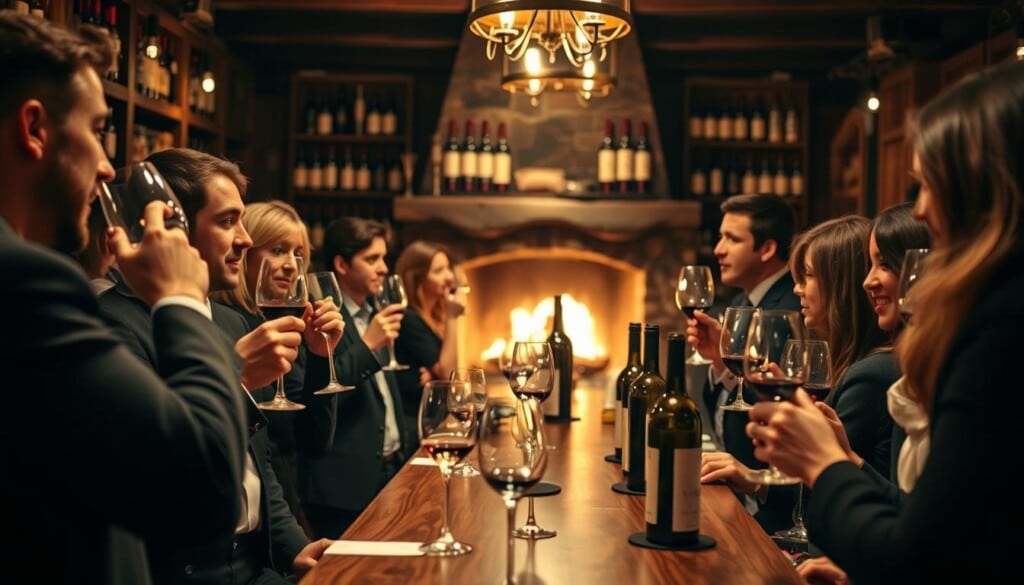 A stylish wine tasting event in a cozy, dimly-lit wine bar. The foreground features a group of guests swirling and sipping from their glasses, engaged in lively conversation. The middle ground showcases a long wooden bar with an impressive selection of bottles, bartenders meticulously pouring and serving. In the background, a warm glow emanates from the fireplace, creating a intimate, relaxed atmosphere. The scene is captured with a shallow depth of field, emphasizing the focal points and drawing the viewer's eye through the layers of the composition. Soft, flattering lighting illuminates the guests' faces, highlighting their expressions of delight and appreciation for the wine experience.