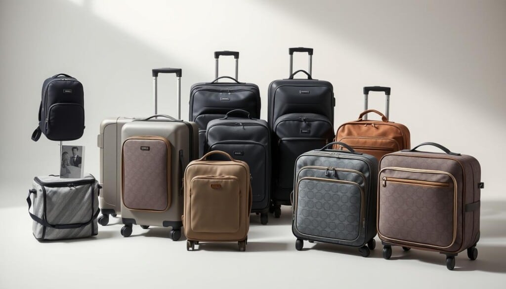 A stylized still life featuring an assortment of high-quality luggage items, arranged in a cohesive and visually appealing composition. In the foreground, showcase a variety of luggage features such as durable materials, multifunctional pockets, smooth-rolling wheels, and sturdy handles. In the middle ground, include a mix of carry-on suitcases, checked luggage, and specialized bags like backpacks or tote bags, all rendered in a muted color palette that evokes sophistication. The background should feature a clean, minimalist setting, with soft, directional lighting that highlights the textures and details of the luggage. The overall mood should convey a sense of quality, functionality, and refined design, suitable for showcasing the best luggage features to potential customers.