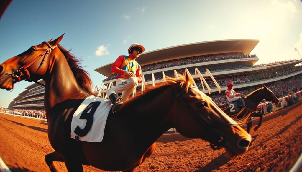 A stylized tableau depicting the vibrant world of horse racing terminology. In the foreground, a jockey in full racing regalia, their silks emblazoned with the colors of their stable, poised atop a majestic steed, its muscles rippling. In the middle ground, a starting gate, its barrier arms raised, conveying the anticipation of the race. In the background, a sweeping grandstand, filled with enthusiastic spectators, their faces alight with excitement. The lighting is warm and golden, capturing the energy and pageantry of the event. The scene is framed with a slight fisheye lens, creating a sense of immersion and depth.