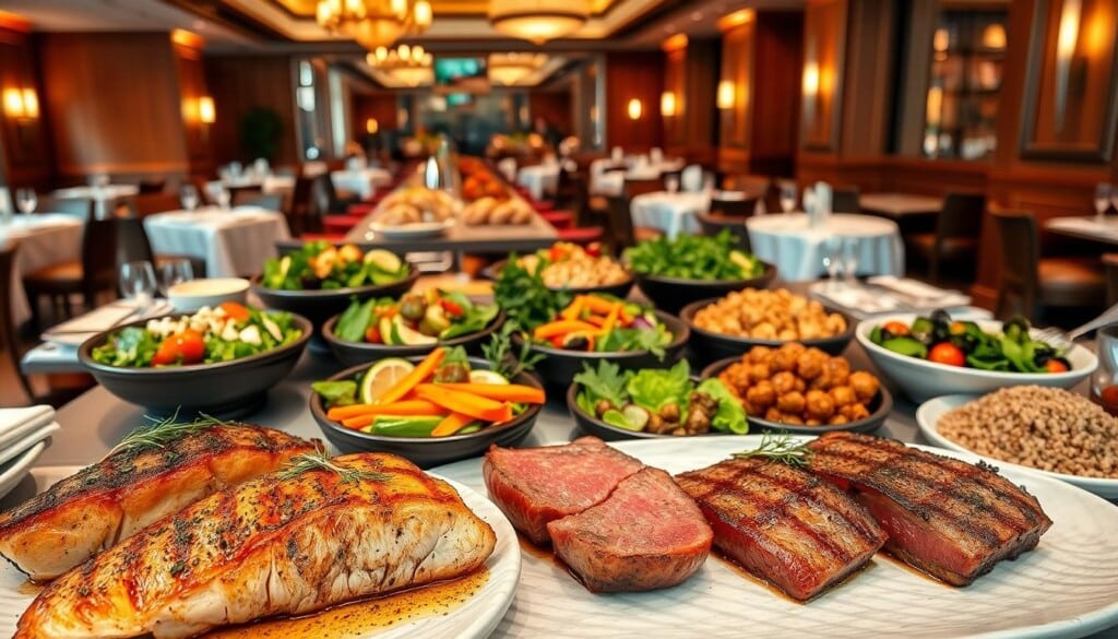 A sumptuous display of dietary options in a high-end steak and seafood restaurant. In the foreground, an array of grilled salmon, seared tuna, and juicy filet mignon adorned with fresh herbs and delicate garnishes. In the middle ground, an assortment of vibrant salads, roasted vegetables, and hearty grain bowls, catering to a variety of dietary preferences. The background features a warm, elegant dining space with soft lighting, crisp white tablecloths, and polished wooden accents, creating an inviting atmosphere for savoring these culinary delights.