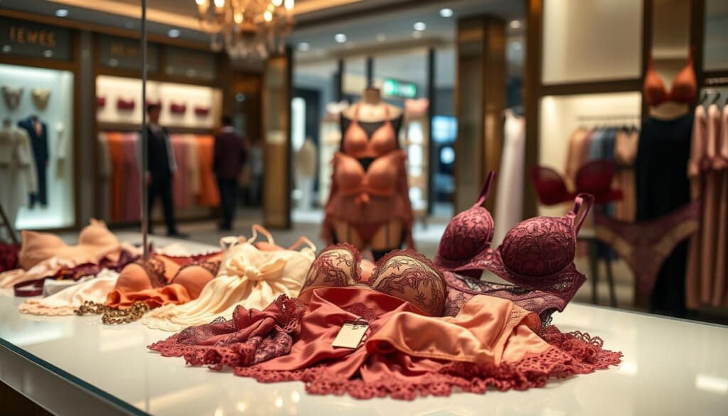 A sumptuous display of seasonal lingerie, artfully arranged against a backdrop of softly diffused lighting. In the foreground, an assortment of delicate lace and silk pieces in a palette of jewel-toned hues, invitingly laid out on a sleek, mirrored surface. The middle ground features a curated selection of matching bra and panty sets, their intricate details subtly accentuated by the gentle illumination. In the background, a softly blurred scene of a high-end boutique, hinting at the luxurious shopping experience. The overall atmosphere is one of refined elegance and allure, drawing the viewer in to explore the captivating world of seasonal lingerie sales.