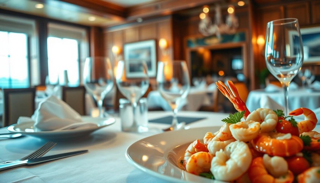 A sumptuous seafood dining experience unfolding in a cozy, elegant restaurant setting. The foreground features a beautifully plated dish of fresh, glistening seafood - perhaps a mix of lobster, shrimp, and scallops, artfully arranged with vibrant garnishes. In the middle ground, the table is set with crisp white linens, gleaming stemware, and polished silverware, creating an inviting atmosphere. The background reveals a warm, softly lit dining room with rich wood accents and tasteful coastal-inspired decor, evoking a sense of refined maritime charm. Atmospheric lighting casts a gentle glow, heightening the overall ambiance and drawing the viewer into this refined, tranquil dining oasis.