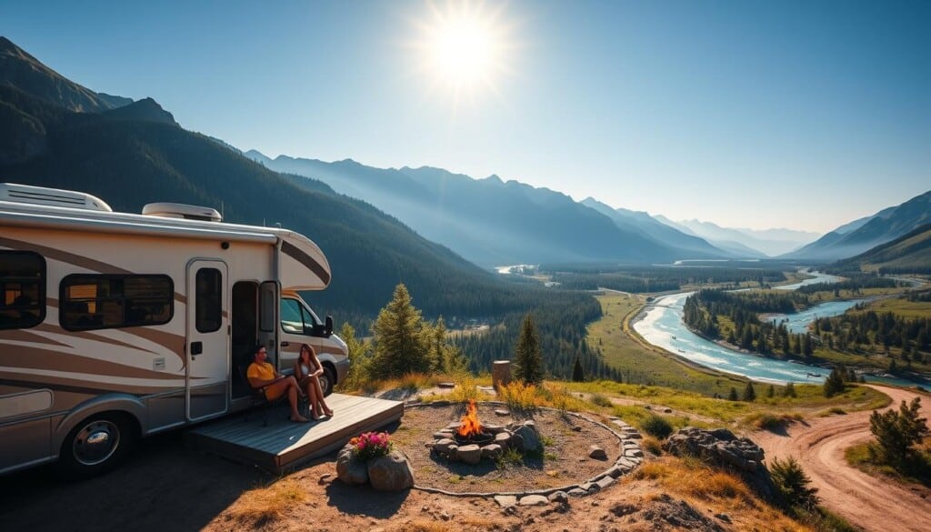 A sun-dappled RV nestled amidst a serene mountain landscape, its sleek exterior gleaming under the warm afternoon light. In the foreground, a couple relaxes on the spacious outdoor deck, taking in the breathtaking vistas of towering peaks and lush, verdant forests. The middle ground showcases a picturesque campsite, complete with a crackling fire pit and a cluster of vibrant wildflowers. In the distance, a winding dirt road leads to a meandering river, where kayakers glide across the glistening surface. The scene exudes a sense of adventure, tranquility, and the freedom to explore the great outdoors in the comfort of a premium RV rental.