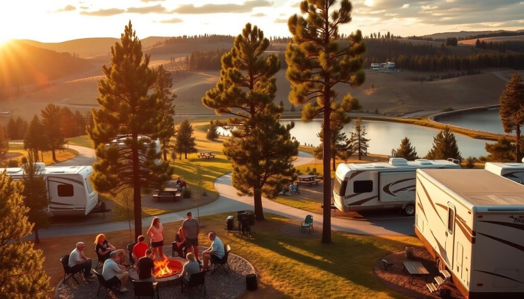 A sun-dappled RV resort nestled amid rolling hills, with towering pines casting soft shadows across the neatly arranged campsites. In the foreground, a group of friends gather around a crackling fire pit, sharing stories and laughter. The middle ground features modern, well-appointed RVs with sleek designs, parked alongside trees and picnic tables. In the distance, a lake reflects the vibrant colors of the sunset, creating a serene and tranquil atmosphere. The scene is illuminated by warm, golden lighting, capturing the essence of the RV lifestyle community – a place of relaxation, adventure, and cherished moments among like-minded individuals.