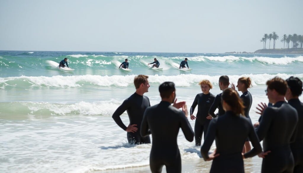 A sun-dappled beach, with gently lapping waves caressing the shoreline. In the foreground, a group of surfers, clad in wetsuits, are gathered around an experienced instructor, gesturing animatedly as they learn the fundamentals of wave riding. The middle ground captures the silhouettes of more seasoned surfers carving graceful arcs across the emerald-green swells, their boards cutting through the water with precision. In the background, a line of palm trees sways in the warm ocean breeze, setting the scene for an idyllic surfing lesson. The lighting is soft and diffused, creating a sense of tranquility and immersion in the coastal environment.