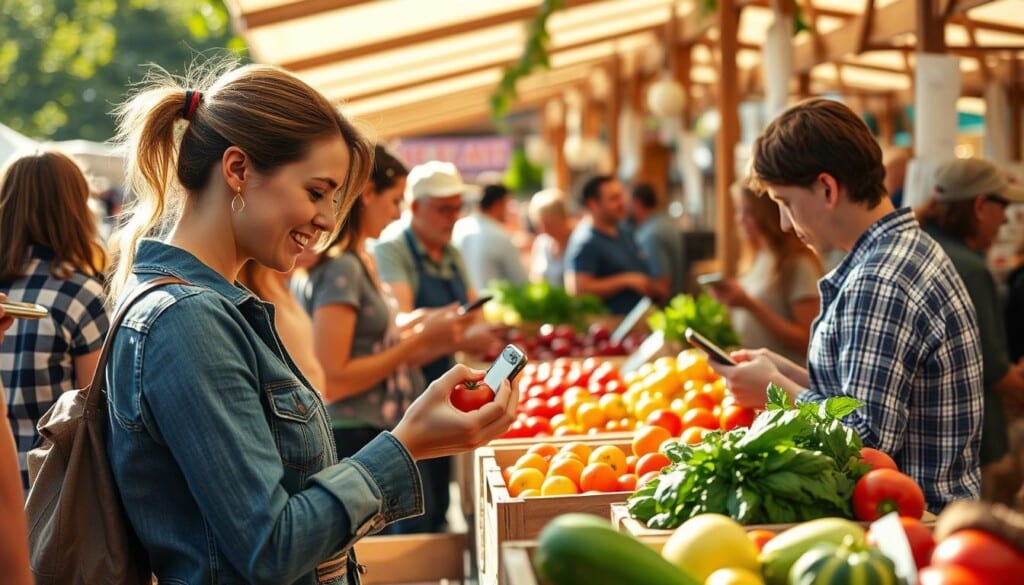 A sun-dappled farmers market stall, wooden crates brimming with vibrant produce. Customers gathered around, smartphones in hand, scrutinizing their finds and sharing enthusiastic reviews. In the foreground, a woman examines a juicy tomato, her face alight with appreciation. Shopkeepers watch on, eager to hear feedback and learn how to better serve their community. The scene is bathed in warm, natural light, conveying a sense of discovery and engagement. Subtle lens flare and a slightly blurred background draw the eye to the central interaction, capturing the role of customer reviews in shaping the local produce shopping experience.