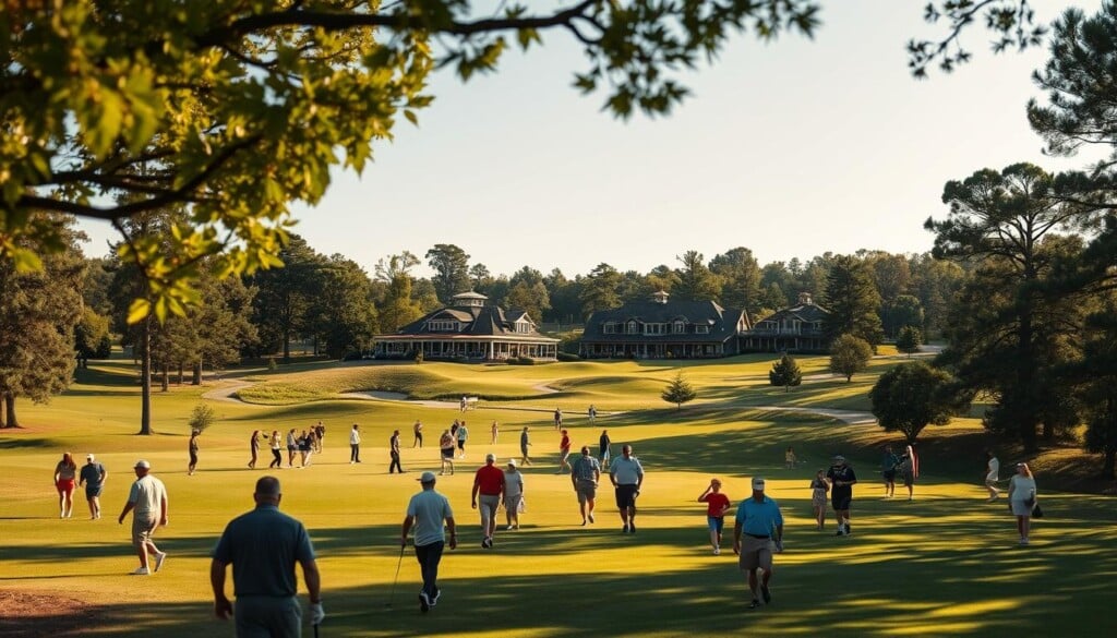 A sun-dappled golf course nestled in a lush, rolling landscape. In the foreground, golfers of all ages and skill levels stroll along the well-manicured fairways, their clubs glinting in the warm afternoon light. In the middle ground, a cluster of charming clubhouses and pro shops stand, their warm, welcoming facades inviting players to gather, socialize, and share their love of the game. The background is framed by towering trees, their branches swaying gently in the breeze, creating a serene, private atmosphere that envelops the entire community. The scene is captured with a wide-angle lens, emphasizing the sense of camaraderie and shared passion that defines this vibrant local golf hub.