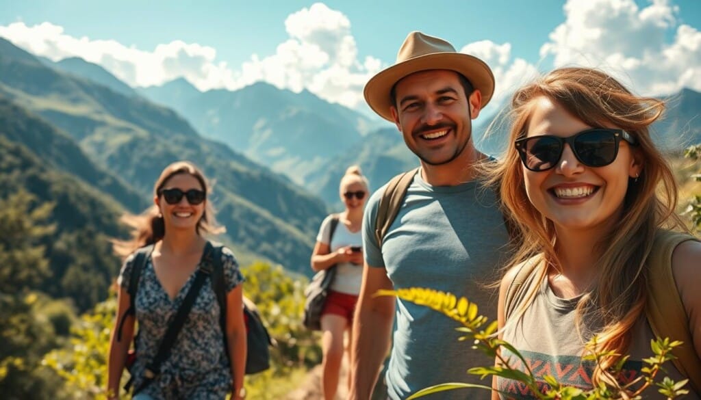 A sun-dappled outdoor scene, captured with a wide-angle lens, showcasing the authentic experiences of a LocalZ tour. In the foreground, a group of adventurous travelers explore a lush, verdant landscape, their expressions radiating genuine joy and wonder. The middle ground features a local guide sharing insights and leading the way, creating a sense of immersive cultural exchange. In the background, majestic mountains rise, their peaks kissed by fluffy clouds, setting the stage for an unforgettable journey. Warm, golden lighting bathes the entire scene, evoking a sense of timelessness and natural beauty, inviting the viewer to imagine themselves as part of this unforgettable adventure.