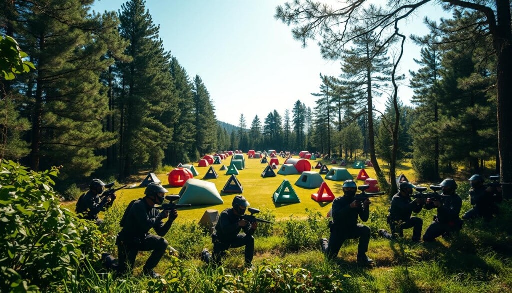 A sun-dappled paintball field, surrounded by lush green foliage. In the foreground, a group of players in colorful tactical gear, crouched and poised, paintball guns at the ready. The middle ground is a tapestry of obstacles, bunkers, and inflatable structures, creating a dynamic and challenging playing arena. In the background, the silhouettes of towering pines frame the scene, casting dramatic shadows across the terrain. The lighting is crisp and natural, with a perfect balance of highlights and shadows, creating a sense of depth and drama. The overall atmosphere is one of high-intensity excitement, as the players prepare to engage in an exhilarating paintball battle.