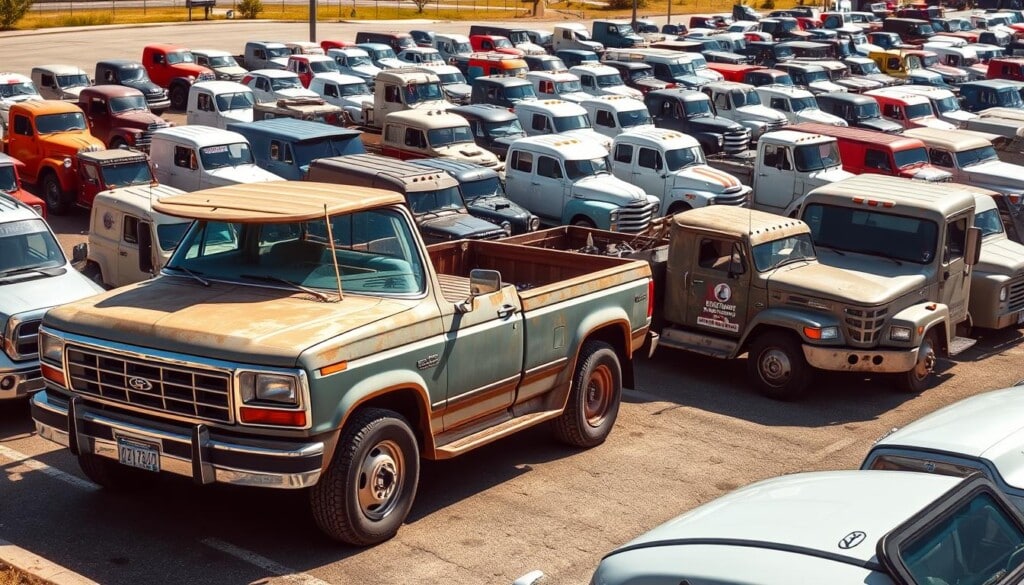 A sun-dappled parking lot filled with a diverse array of popular used trucks, their weathered exteriors gleaming in the warm afternoon light. In the foreground, a rugged pickup truck, its chrome trim and robust frame capturing the essence of American automotive heritage. In the middle ground, a selection of mid-size and full-size trucks, each showcasing a unique silhouette and distinct design elements. The background is dotted with a range of makes and models, from classic workhorses to modern, tech-savvy haulers, all arranged in a harmonious composition that celebrates the enduring appeal of these versatile, reliable vehicles.