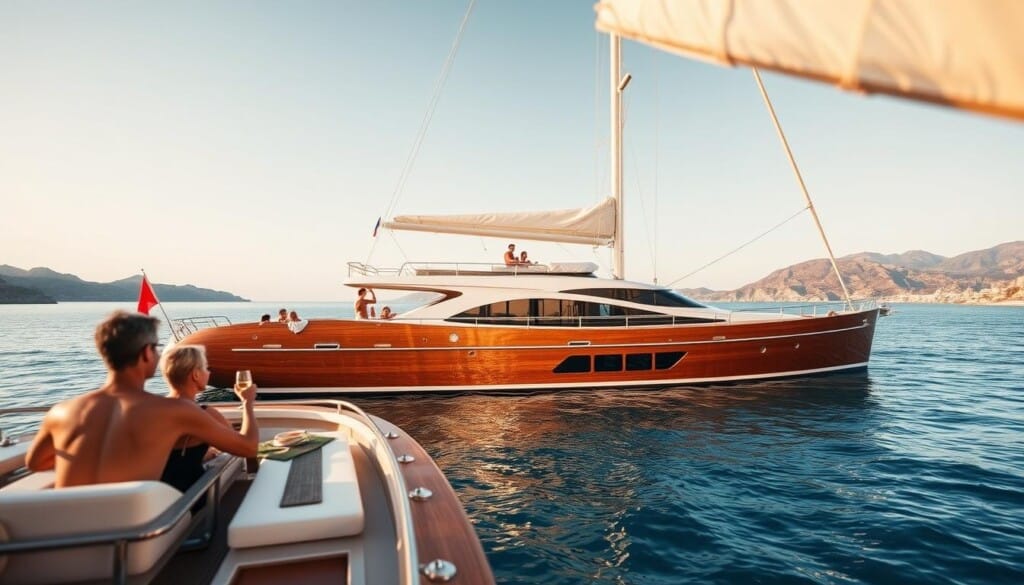 A sun-dappled private yacht gently bobbing on the calm, azure waters of a secluded harbor. The sleek, well-appointed vessel is adorned with gleaming teak accents and pristine white sails, casting elegant reflections on the glimmering surface. In the foreground, a group of people are relaxing on the expansive deck, sipping champagne and admiring the breathtaking coastal vistas. Soft, warm lighting bathes the scene, creating a sense of luxury and tranquility. The perspective is slightly elevated, capturing the graceful curves of the hull and the serene, picturesque surroundings, inviting the viewer to imagine themselves onboard, embarking on a truly memorable private boat charter experience.
