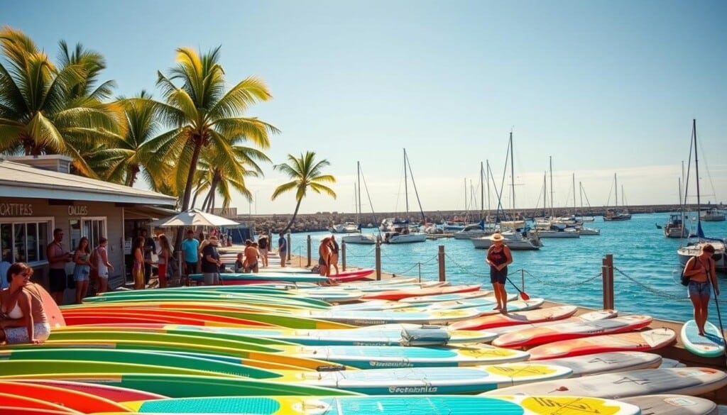 A sun-dappled scene of a bustling coastal town, where local paddleboarding businesses thrive against a backdrop of azure waters and swaying palm trees. In the foreground, a fleet of vibrant paddleboards in various colors and designs are neatly lined up, inviting adventurous souls to explore the serene waterways. In the middle ground, friendly staff greet customers, guiding them through the process of renting equipment and offering tips for a safe and enjoyable experience. The background showcases the picturesque harbor, complete with sailboats and fishing vessels, creating a picturesque and inviting atmosphere for those seeking to embrace the joys of paddleboarding. Warm, natural lighting casts a golden glow, enhancing the overall sense of carefree coastal living.