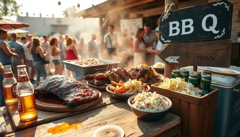 A sun-drenched BBQ scene, with a rustic wooden table laden with local favorites - smoked ribs, juicy pulled pork, and tangy coleslaw. In the background, a lively crowd gathers around a charcoal grill, the air thick with the aroma of charred meats and tangy sauces. In the foreground, an old-fashioned cooler overflows with frosty beers, while a weathered sign points the way to the "Best BBQ in Town." The lighting is warm and inviting, the atmosphere one of celebration and community. Shot with a wide-angle lens to capture the full breadth of this quintessential American BBQ experience.