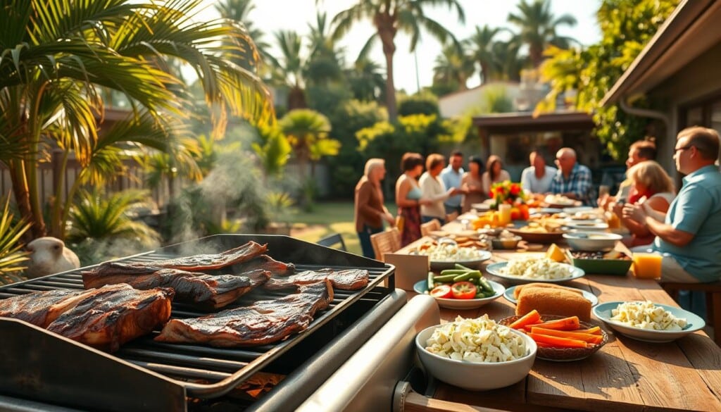 A sun-drenched California backyard, lush with palm trees and verdant foliage. In the foreground, a large, well-worn grill sizzles with juicy tri-tip, thick-cut pork ribs, and charred corn on the cob, their smoky aromas wafting through the air. Nearby, a long wooden table is set with platters of grilled vegetables, creamy coleslaw, and freshly baked cornbread. Groups of friends and families gather around, their laughter and conversation adding to the convivial atmosphere. Soft, warm lighting casts a golden glow over the scene, creating a mood of casual, laid-back California BBQ excellence.