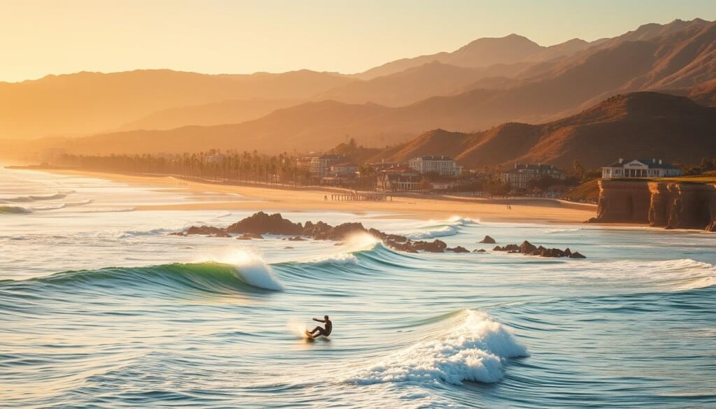 A sun-drenched California coastline, golden sands and azure waves crashing against rocky cliffs. In the foreground, surfers carve through the glassy swells, their silhouettes catching the warm glow of the afternoon light. The middle ground features a picturesque beach town, its charming oceanfront promenade lined with palm trees and vibrant beach houses. In the distance, the rugged Santa Monica Mountains rise up, their slopes blanketed in lush, verdant foliage. The scene is bathed in a soft, romantic haze, creating a sense of timeless, laid-back California cool.